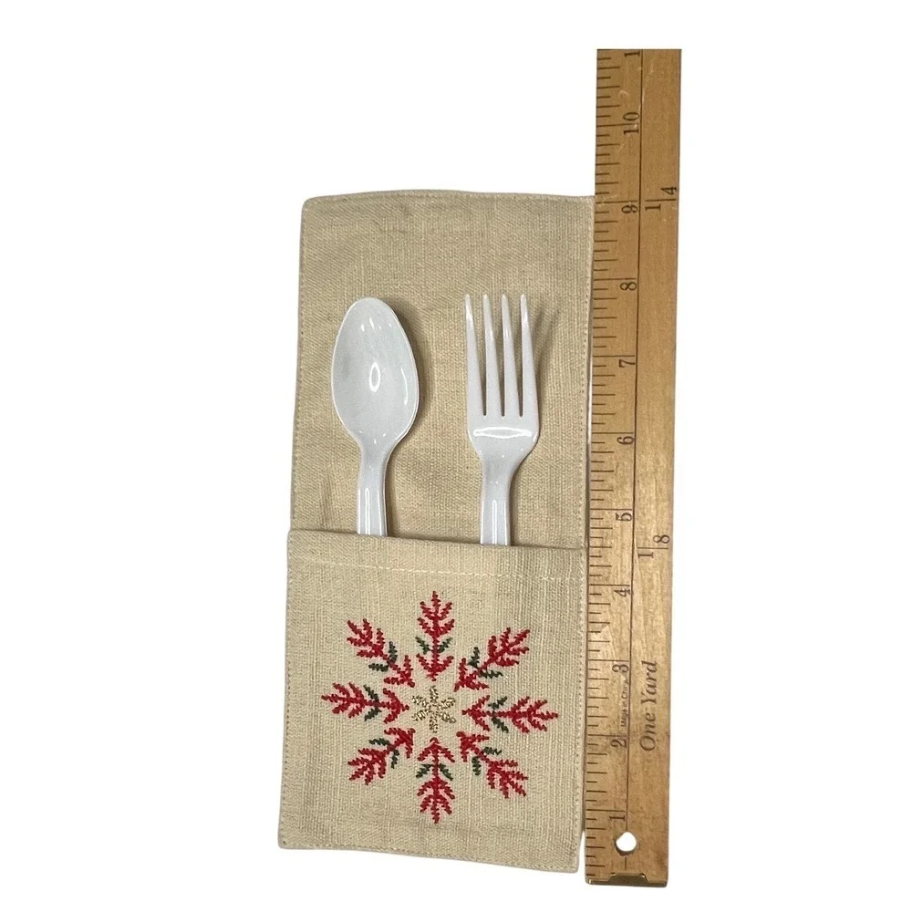 Christmas Snowflake Silverware Holders Set of 8 Embroidered Linen Holiday Decor